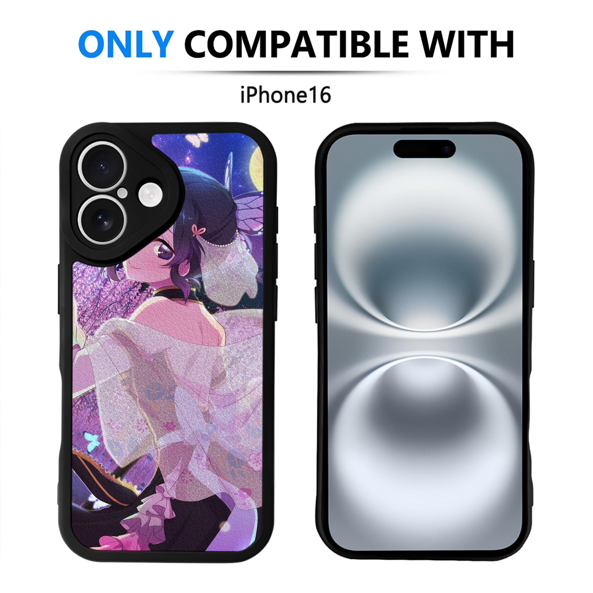 （画像用） 鬼滅の刃（きめつのやいば）蟲柱-胡蝶 しのぶ／こちょう しのぶ Kochou Shinobu 【iPhone 16シリーズ対応】シリコンスマホケース（レザー調） 材質：シリコン